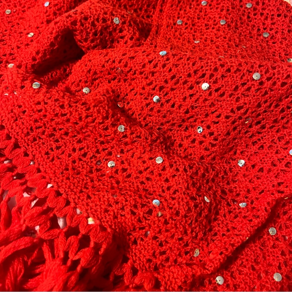Red Vintage Crochet Sequined Scarf /Wrap Festival BoHo